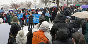 AFT President Randi Weingarten speaks in the middle of the Elon Out Rally