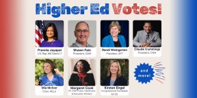 Higher Ed Votes! Photos of speakers: Pramila Jayapal, Shawn Fain, Randi Weingarten, Claude Cummings, Mia McIver, Margaret Cook, Kristen Engel