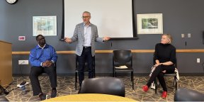 Oct. 2 panel “Austerity, Privatization, and the Anti-Education Movement: A Forum with the AFT.” From left to right, AFT Secretary-Treasurer Fedrick Ingram, Kraus, and AFT-Wisconsin-endorsed State Assembly candidate Alison Page.