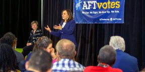 Photo of Randi Weingarten and Kamala Harris. Banner reads: AFTvotes. We care. We fight. We show up. We vote.